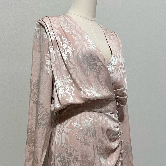Vintage 80s Blouson Jacquard Drape Midi Dress Sz S Powder Pink Elegant Ladylike - Picture 9 of 9
